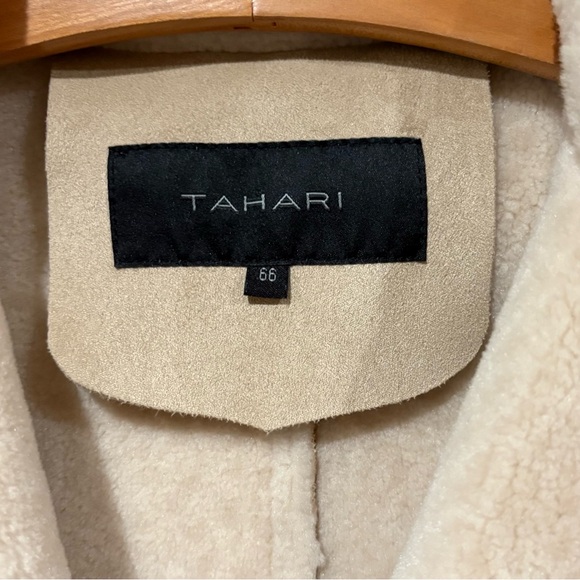 Tahari Sz 10/12 Faux Suede Long Trench Coat, Cream Fur Trim women’s large - Picture 10 of 16